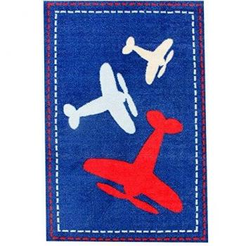 Alfombra decorativa PRIMA con motivos de aviones, 67 x 100 cm, de poliéster, color azul