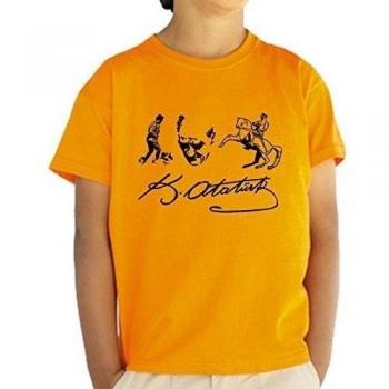 Camiseta para niños con diseño y firma de Atatürk TÜRKIYE TEPEDE YÜZ IMZA ONUR ANITI HEYKEL - 100 % algodón acanalado, 140, dorado