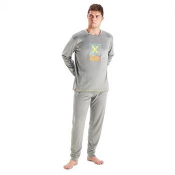 Pijama para hombre de terciopelo en color gris, dos piezas, manga larga y cuello redondo