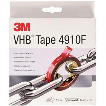 3M VHB Cinta Adhesiva 4910F - diseño transparente que permite unir material transparente y conseguir una línea de unión prácticamente invisible - 19 mm X 3 m, transparente, espesor 1.0mm