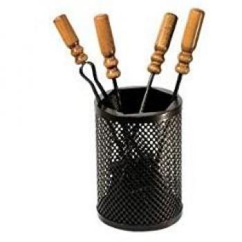 Juego de herramientas para chimenea 4 piezas en hierro forjado con cubo y mangos de madera