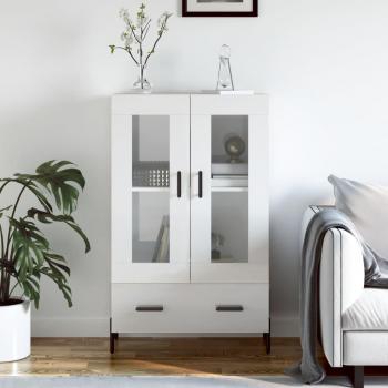 Aparador alto de madera de ingeniería blanco brillo 69,5x31x115 cm, mueble de almacenaje de salón con armarios y cajón, buffet moderno, armario auxiliar y armario de almacenamiento