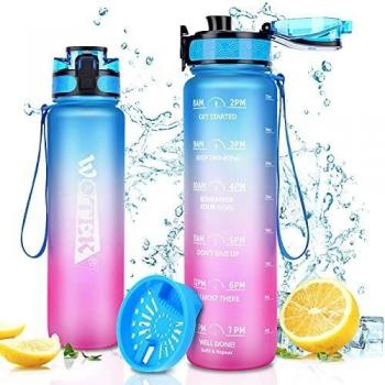 Botella de Agua Deportiva 1000ML, Botella Agua Tritan sin BPA, Botella Deportiva 1 Litro con Marcador de Tiempo Motivacional para Gimnasio, Entrenamiento, Viajes, Oficina, Escuela
