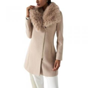 Beige Wool Coat with Fur Collar for Women