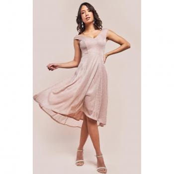Goddiva Off The Shoulder Lurex High Low Dress - Nude - Size 12 UK