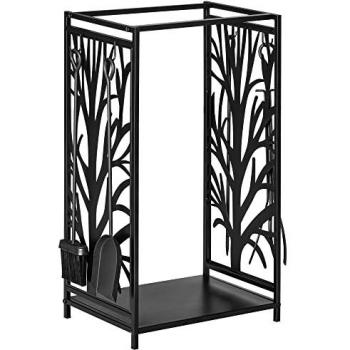 HOMCOM Estante para Leña - Estantería de Almacenamiento para Chimenea 46x30x70 cm, Soporte para Leña con 4 Herramientas, Interior y Exterior, Color Negro