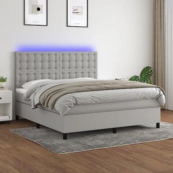 Cama box spring con colchón y luces LED, tela gris claro, 160x200 cm