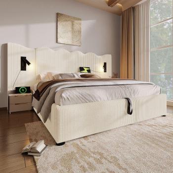 Cama doble tapizada 180 x 200 con luz de lectura y cargador USB tipo-C, marco de madera maciza y metal, beige, tejido de pana