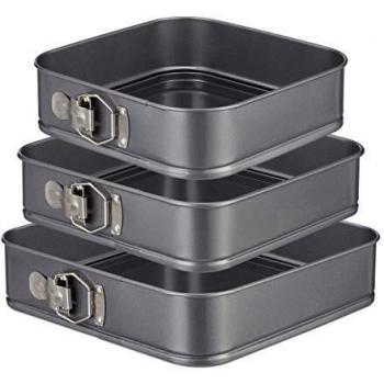 Set de 3 moldes cuadrados desmontables antiadherentes para bizcocho, acero al carbono, 24, 26 y 28 cm