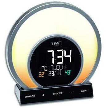 TFA Dostmann Soluna 60.2026.01 Despertador con Luz, Control Climático, Analógico, 5 Modos de Luz, Negro/Transparente, Dimensiones 200 x 90 x 270