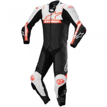 Alpinestars Missile V2 Ward Perforated One-Piece Leather Motorcycle Suit - Black/White/Fluo Red, Size 56