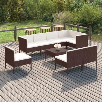 9-Piece Brown Poly Rattan Garden Lounge Set with Cushions