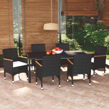 7-Piece Black Poly Rattan Garden Dining Set with Cushions