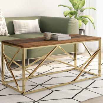 Mesa de centro de acero inoxidable y madera maciza en color dorado y plateado, con opciones de acabado en marrón claro, ideal para salón o comedor, también utilizada como mesita auxiliar o mesa de café