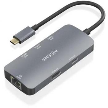 Dockstation Aisens ASUC-6P019-GR, USB-C Dock 6 en 1, incluye 1 puerto HDMI, 1 puerto RJ45, 3 puertos USB-A, 1 puerto USB-C PD, color
