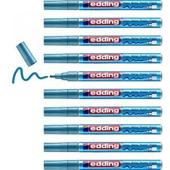 Edding 751 marcador de tinta opaca brillante - azul claro metálico - 10 rotuladores - punta redonda 1-2 mm - para vidrio, piedras, madera, plástico, papel - color permanente