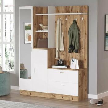 Mueble de Entrada Homam - Consola Multifuncional con Perchero, 140x37x182 cm, Roble y Blanco