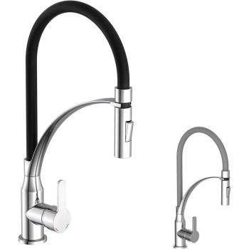 Grifo monomando de cocina EISL CARNEO con caño táctil suave, color negro cromado, ducha extraíble y función de ahorro de agua, giratorio para fregadero
