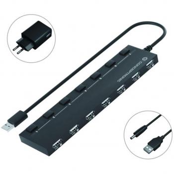 Conceptronic HUBBIES08BP Hub de Interfaz USB 2.0 con 7 Puertos USB-A, Interruptores de Encendido Individuales, Base Imantada y Adaptador de Corriente In
