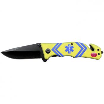 Navaja de seguridad asistida Third K2804EMS con mango de Aluminio y diseño en 3D del simbolo de servicios médicos, hoja de Acero 420 de 10 cm, cutter para cinturón de seguridad y punta rompevidrio