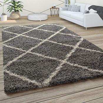 Alfombra Shaggy Suave Escandinava con Motivo de Rombos 160x220 cm, Gris