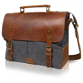 Langforth Bolso Mochila Cuero Piel 14 Pulgadas Portátil Laptop Lona Marrón Oscuro