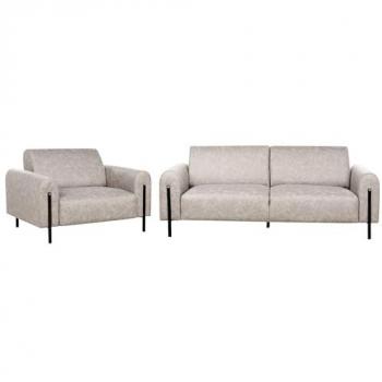 Conjunto de sala de estar 3 plazas sofá y sillón tapizado en tela gris aspecto cuero con respaldo ajustable y patas de metal