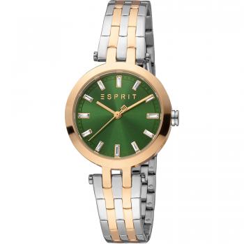 Esprit Brooklyn Women's Stainless Steel Analog Watch - Silver Grey Rose Gold with Bottle Green Dial