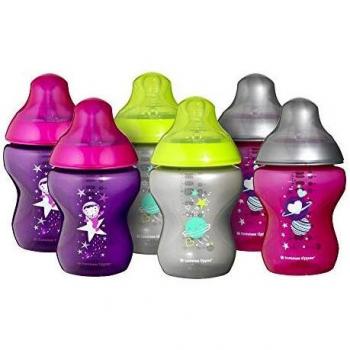 Tommee Tippee Closer to Nature Decorated Baby Bottles, Pink, 260 ml, 6-Piece