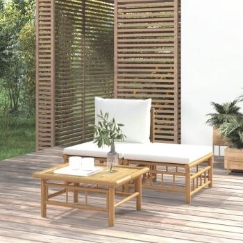 Juego de sala de estar de jardín 3 piezas con cojines de crema de bambú blanco