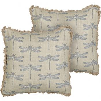 Conjunto de 2 cojines decorativos de algodón beige con estampado de libélula, hechos a mano, cuadrados y funda extraíble 45 x 45 cm