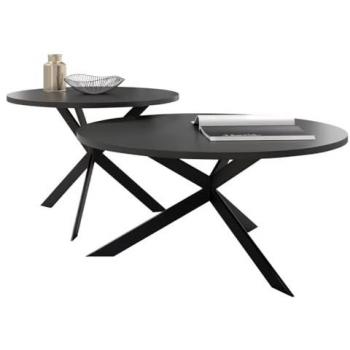 Conjunto mesa de centro redonda Oswego 108, aglomerado laminado negro, diámetro 58cm, altura 42cm