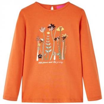 Camiseta Infantil de Manga Larga Naranja Tostado 92, Estampado de Flores, Jersey, Cuello Redondo