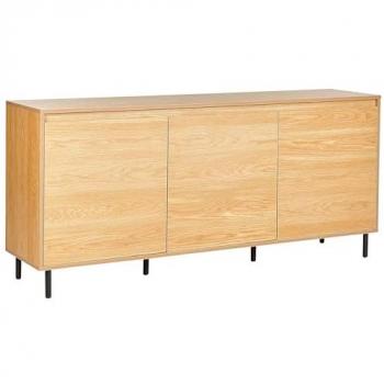 Aparador moderno 3 puertas madera clara con patas de metal negro, armario independiente con estantes