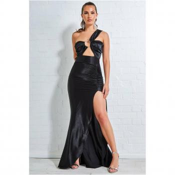 Goddiva Ruched One Shoulder Maxi Dress with Ring Detail - Black - Size 16 UK