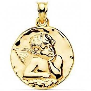 Ángel Burlón medalla oro 18k unisex 24 mm. detalles centro brillo - Personalizable - GRABACIÓN INCLUIDA