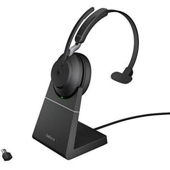 Jabra Evolve2 65 Auriculares Inalámbricos Monoaurales con Soporte de Carga - Certificados para Microsoft Teams - Batería de Larga Duración - Adaptador Bluetooth USB-C - Negro