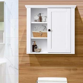 HOMCOM Armario de Baño de Pared Multifuncional Gabinete para Ahorro de Espacio con 3 Niveles Abiertos 1 Puerta Estante Ajustable Antivuelco 53x14,5x50,5 cm Blanco