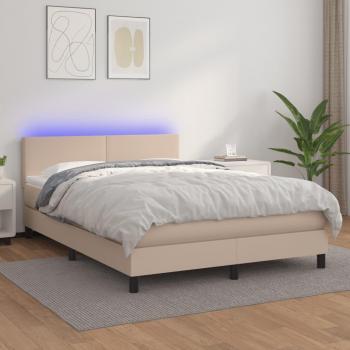 Cama box spring blanda con colchón y LED en cuero sintético cappuccino 140x190cm