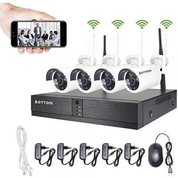 Aottom Kit Camaras Seguridad Vigilancia WiFi, WiFi Kit Videovigilancia, 4CH 1080P NVR+ 4 720P Cámaras, Sistemas de Seguridad Inalambrico, Visión Nocturna, Detección Movimiento, App da Remoto, sin HDD