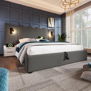Cama Doble Tapizada 180 x 200 con Luz de Lectura y Cargador USB Tipo-C, Gris, Lino