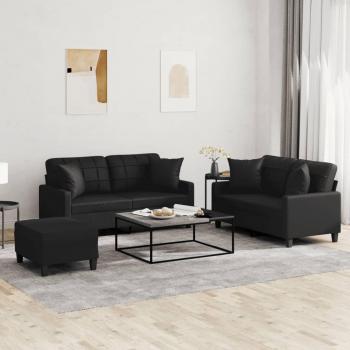 Juego de sofás 3 PCs con almohadas negro en cuero sintético Vidaxl