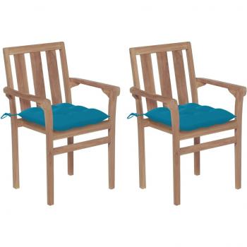 Sillas de jardín 2 uds madera de teca con cojines azul claro