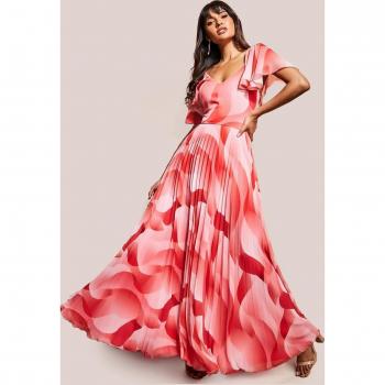 Coral Printed Chiffon Pleated Maxi Dress - Size 12 UK