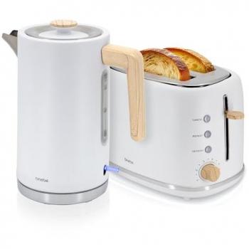 Set Nórdico Briebe: Tostadora de Pan 2 Rebanadas con Ranura Ancha y Hervidor Eléctrico Inalámbrico 1,7L, 2200W, Blanco