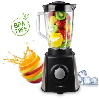 Aigostar Black Windmill 30IRY - Batidora americana de vaso, potencia 600W, 2 velocidades, pica hielo. Jarra de cristal de 1,5 litros, 6 cuhillas de acero inoxidable de tipo 304. Libre de BPA. Diseño exclusivo.
