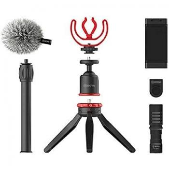Boya Vlogging Kit - Micrófono de vídeo, Mini trípode con Mango de extensión, Soporte de Zapata fría, Parabrisas - Kit de Inicio Vlogger - Youtuber Kit