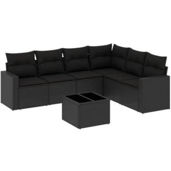 Set de comedor de jardín 7 pzas con cojines de ratán sintético negro