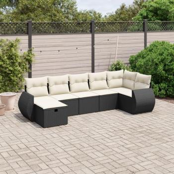 7-Piece Black Poly Rattan Garden Sofa Set with Cushions