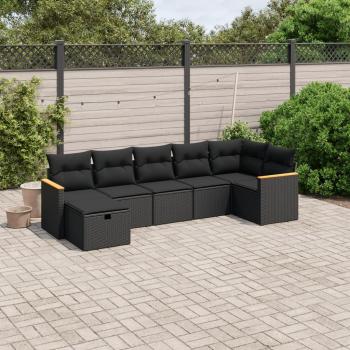 Set de comedor de jardín 7 piezas con cojines de ratán sintético negro
